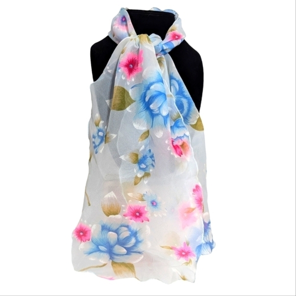 Vintage Accessories - Vintage Sheer Pink Blue Floral Rectangle Scarf